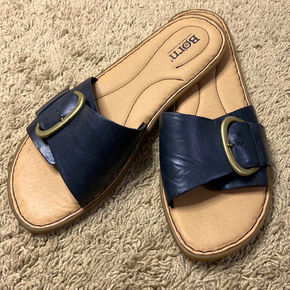 Born Women Black Miarra Buckle Leather Slide Sandals Size 10M